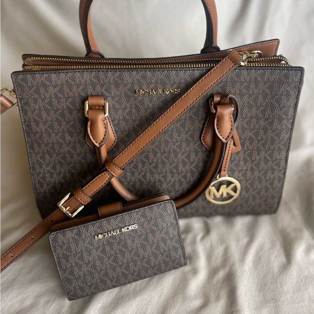 Michael Kors Brown Satchel with Signature Monogram & Wallet Combo